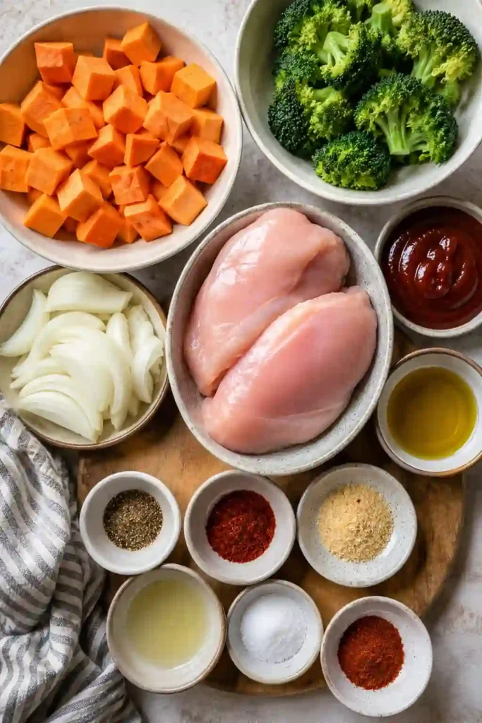 One-pan BBQ chicken and sweet potato bowl featuring roasted broccoli and caramelized onions. A wholesome high-protein meal packed with flavor.