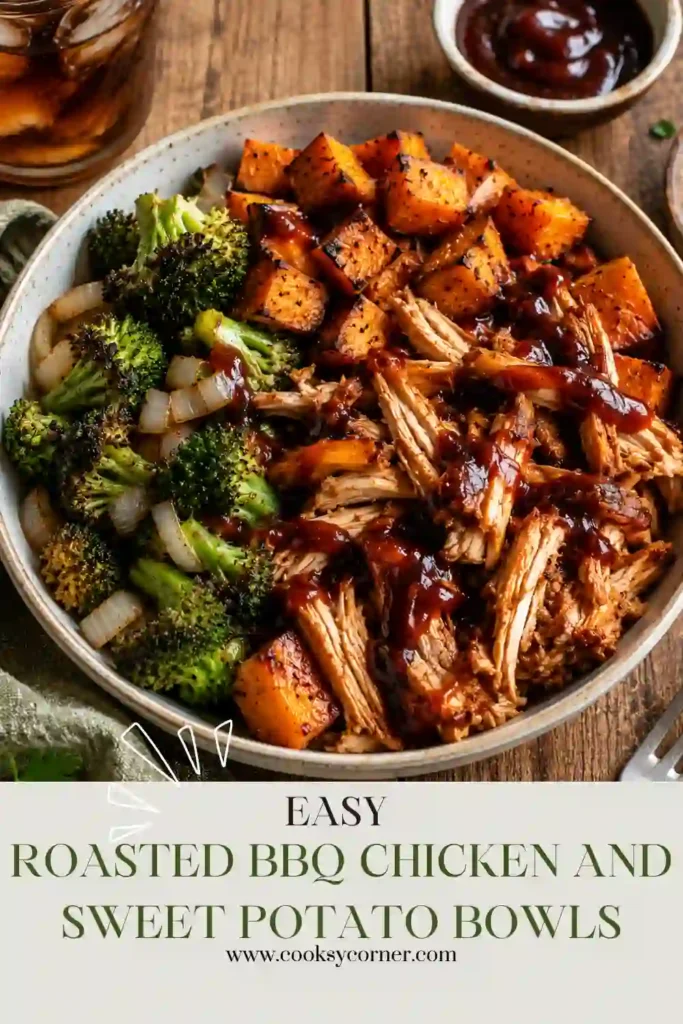Roasted BBQ Chicken and Sweet Potato Bowls served warm with roasted vegetables and fresh lime. A balanced dinner featuring smoky, sweet, and savory flavors.