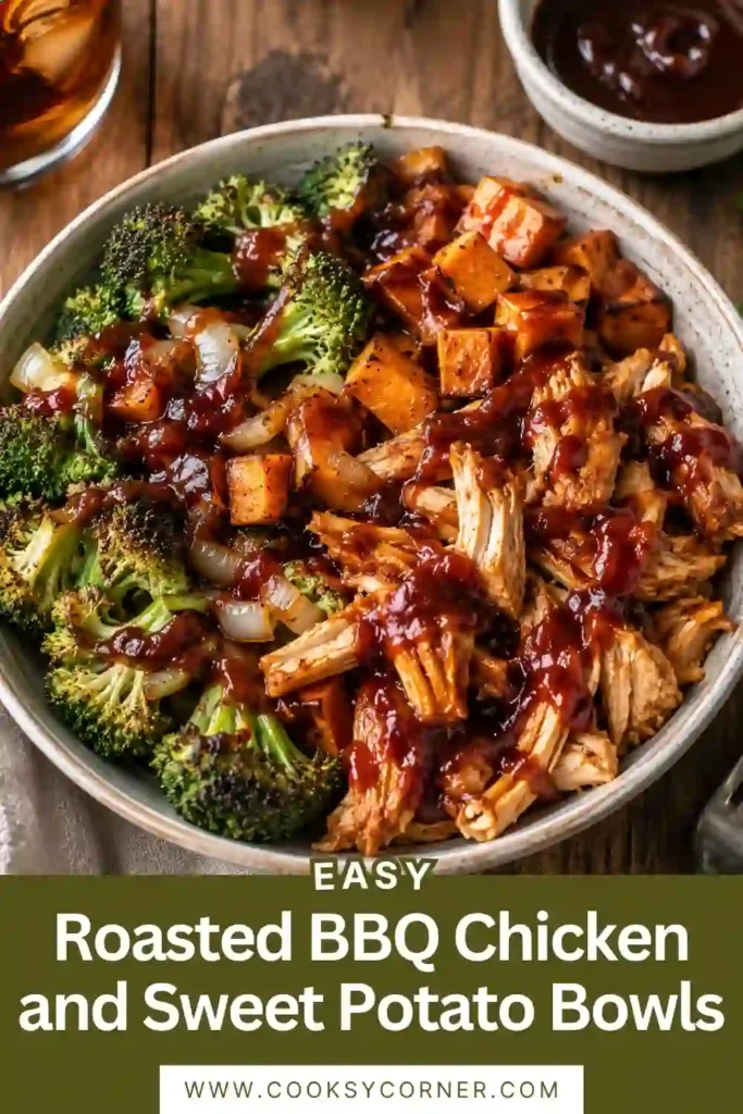 Healthy BBQ chicken bowl topped with tender shredded chicken and roasted sweet potatoes. Perfect for meal prep lunches and easy weeknight dinners.