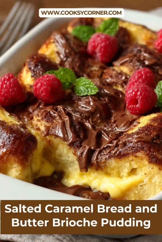 A golden Salted Caramel Bread and Butter Brioche Pudding baked until perfectly set and topped with melted dark chocolate and fresh raspberries. The rich custard creates a creamy and indulgent dessert.
