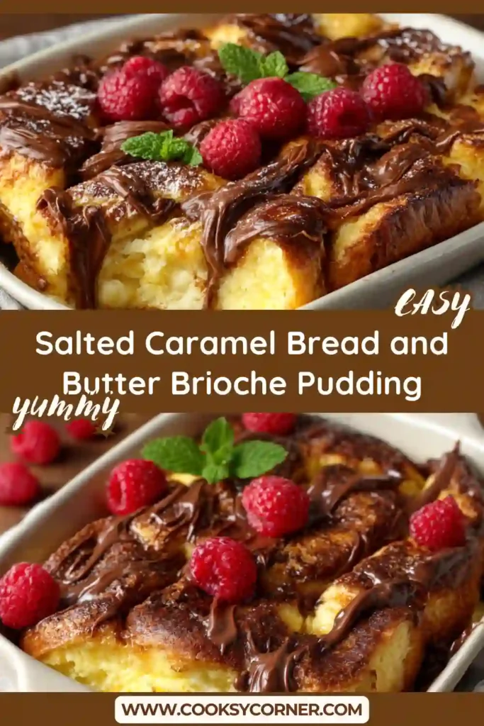 Warm brioche bread pudding filled with Nutella and baked in salted caramel custard. Fresh raspberries and mint add a colorful finishing touch.