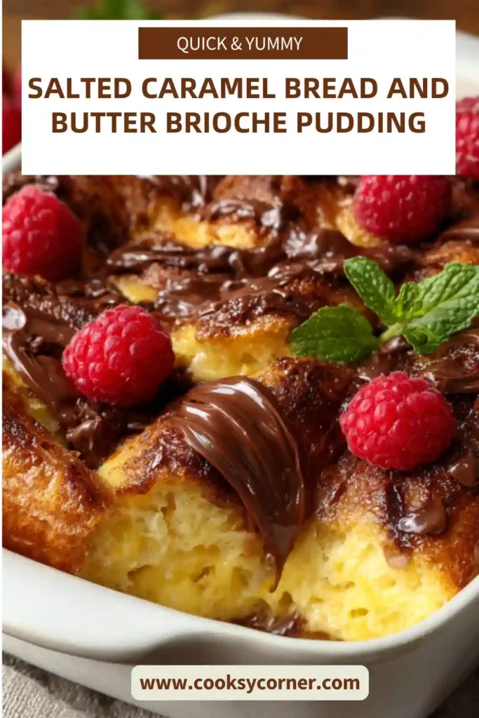 Homemade Salted Caramel Bread and Butter Brioche Pudding served with vanilla ice cream and melted chocolate. The buttery brioche is soft, rich, and perfectly caramelized.