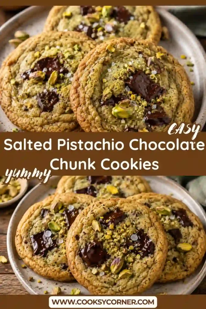 Chewy pistachio chocolate chunk cookies made with homemade pistachio paste and dark chocolate, arranged on a cooling rack.