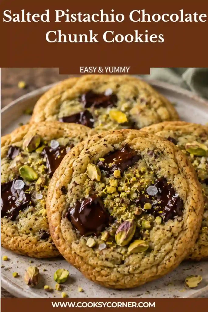 Freshly baked Salted Pistachio Chocolate Chunk Cookies topped with ground pistachios and flaky sea salt, featuring gooey dark chocolate chunks and golden edges.