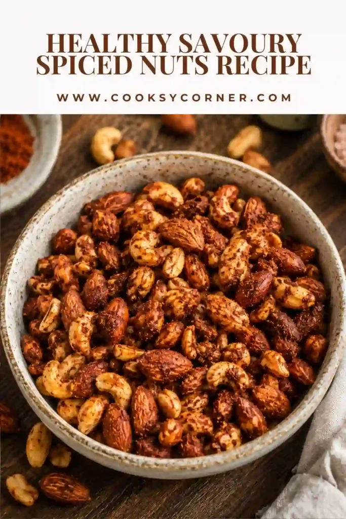 Roasted almonds, cashews, and peanuts seasoned with savory spices and served in a bowl. A gluten-free snack recipe with a crunchy texture.