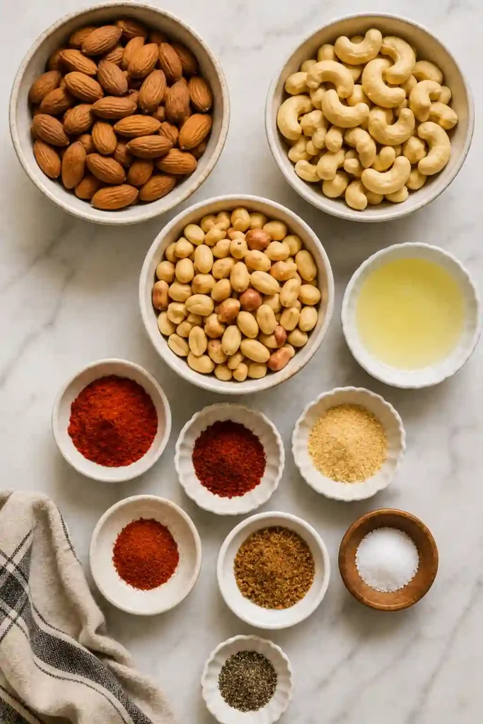 Savory roasted nut mixture made with almonds, cashews, peanuts, smoked paprika, and garlic seasoning. A simple homemade snack recipe.