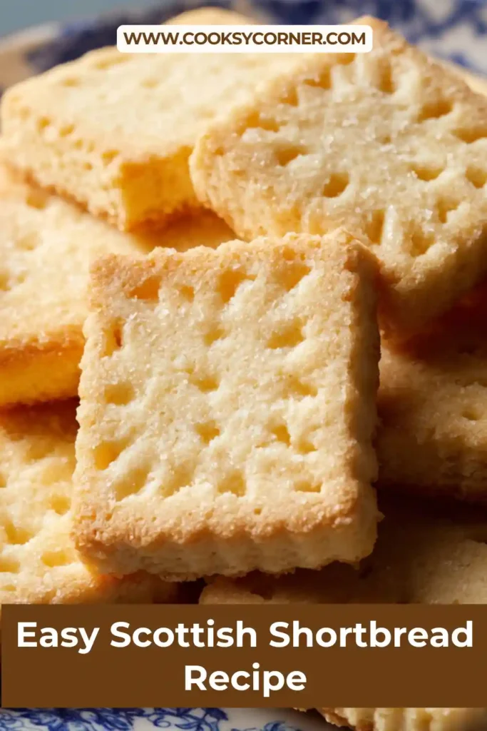 Buttery Scottish Shortbread cookies stacked on a serving tray with tea. Rich flavor and crumbly texture create the perfect afternoon treat.