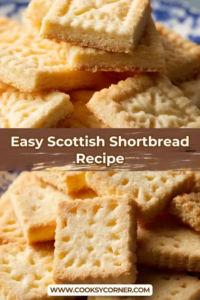 Golden Scottish Shortbread cut into squares and served on a rustic plate. Traditional buttery cookies with a crumbly texture and lightly golden edges.