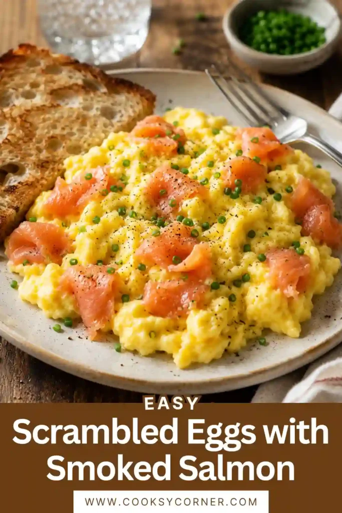 A close-up of soft scrambled eggs with smoked salmon flakes and green chives. This healthy breakfast recipe is rich in protein and naturally low in carbs.