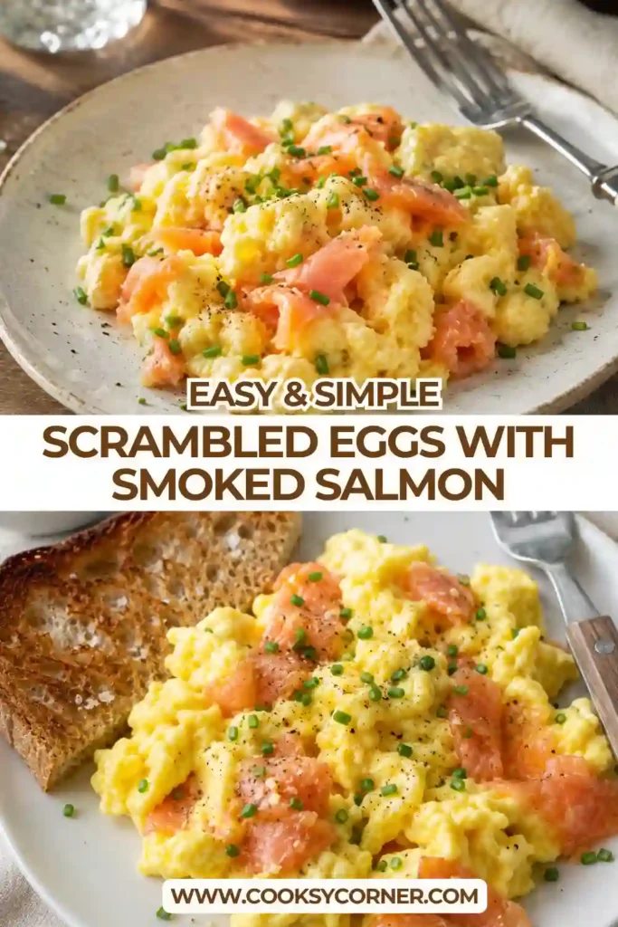 Fluffy scrambled eggs served with smoked salmon on a white breakfast plate. A quick and healthy brunch recipe packed with protein and flavor.