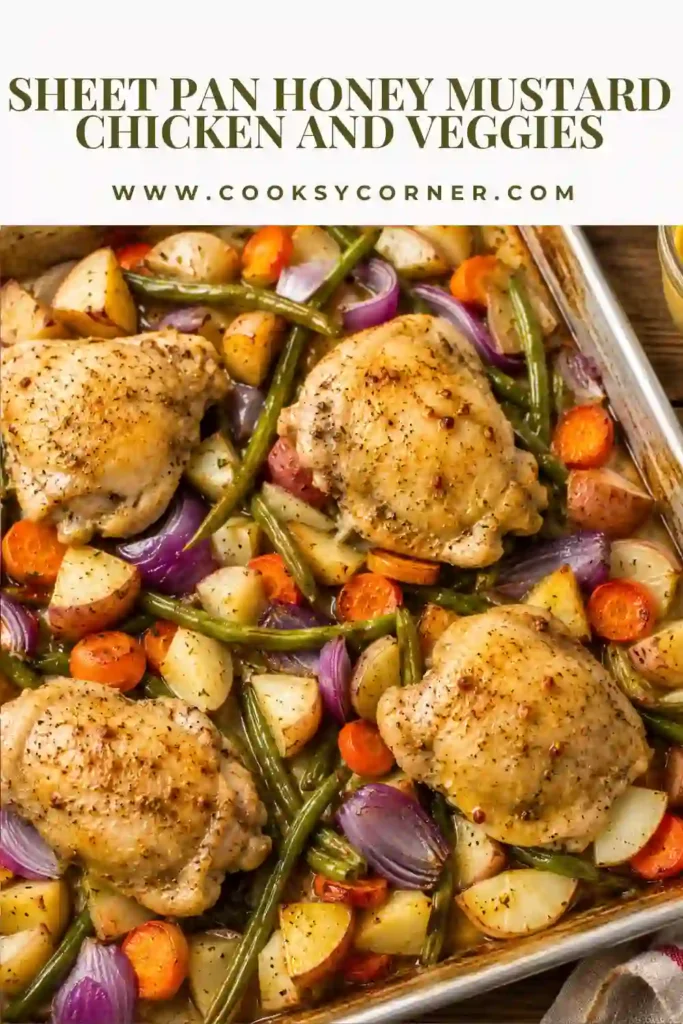 Tender baked chicken coated in homemade honey mustard sauce served with roasted potatoes and fresh vegetables.