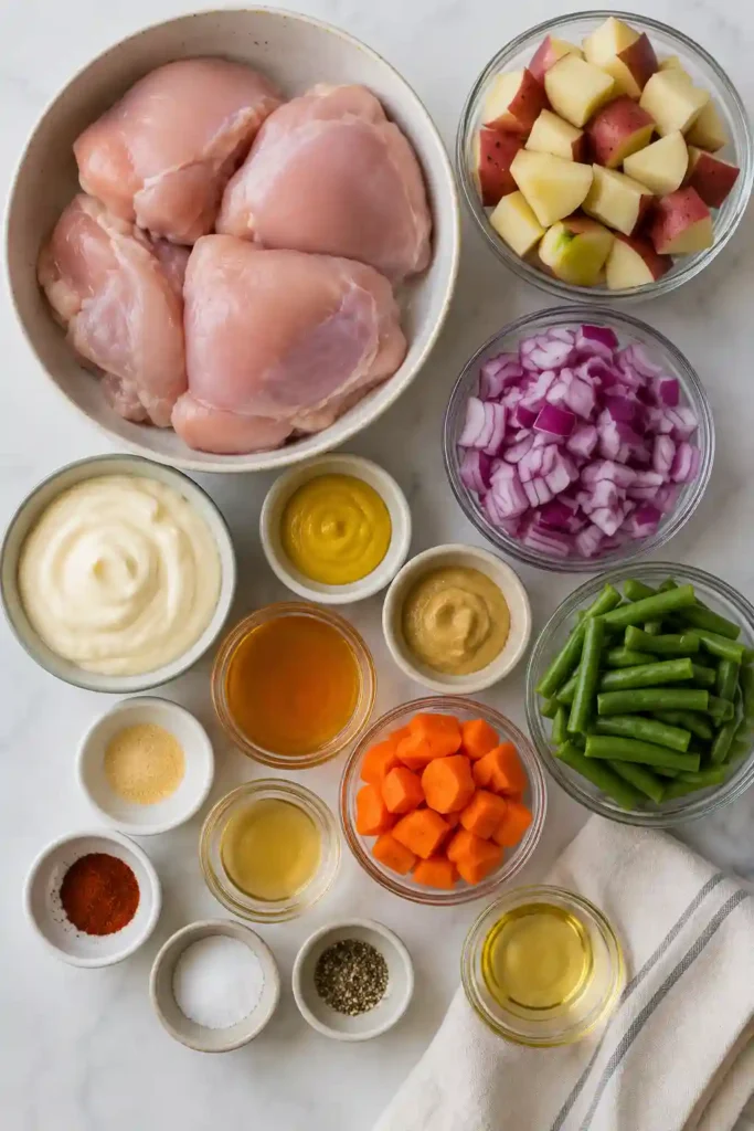 A serving of Sheet Pan Honey Mustard Chicken and Veggies plated for dinner with roasted potatoes, carrots, green beans, and onions.