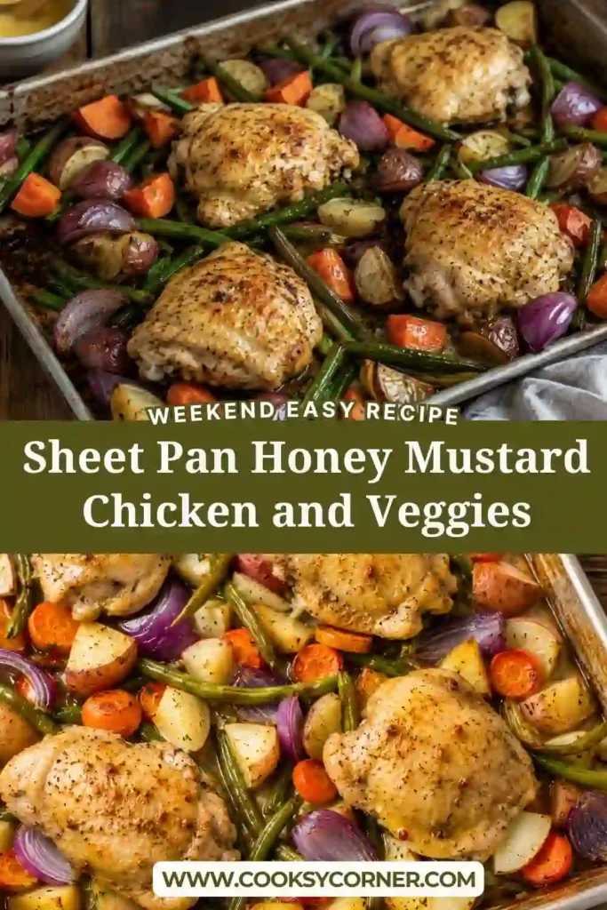 Freshly baked Sheet Pan Honey Mustard Chicken and Veggies served on a large baking sheet with golden roasted potatoes, carrots, green beans, and red onions. The chicken is coated in a rich honey mustard glaze and roasted until perfectly caramelized.