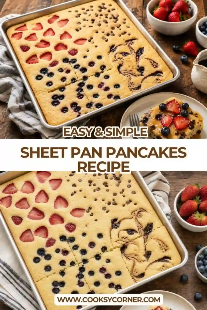 A homemade sheet pan pancake recipe served warm with maple syrup and fresh fruit. The fluffy baked pancakes are ideal for breakfast meal prep and brunch.