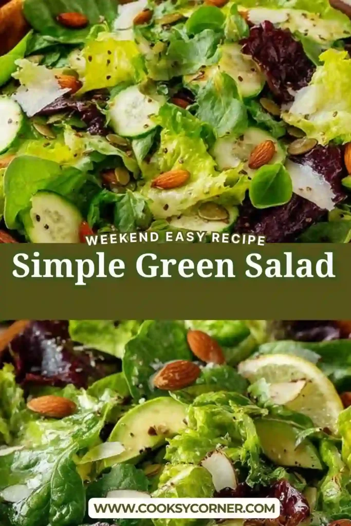 Healthy Simple Green Salad served in a large bowl with tender lettuce, avocado, cucumber, microgreens, and roasted tamari almonds. Perfect for lunch or dinner.