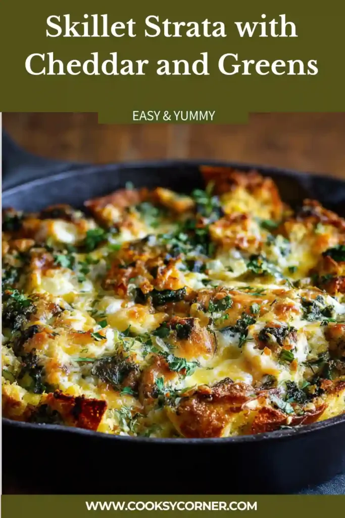 Freshly baked Skillet Strata topped with melted cheddar cheese and leafy greens in a cast-iron skillet. This savory breakfast casserole features fluffy eggs, bread cubes, and turkey bacon.