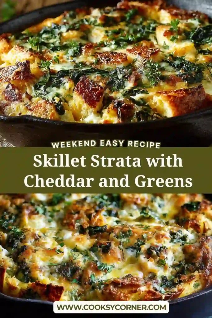 Golden brown Skillet Strata served directly from a cast-iron pan. A hearty breakfast recipe made with eggs, cheddar cheese, turkey bacon, and kale.