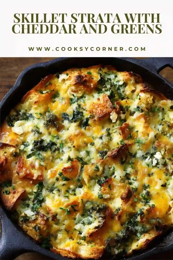 Close-up view of a cheesy Skillet Strata with crispy edges and tender greens. This easy brunch casserole is rich, flavorful, and perfect for family gatherings.