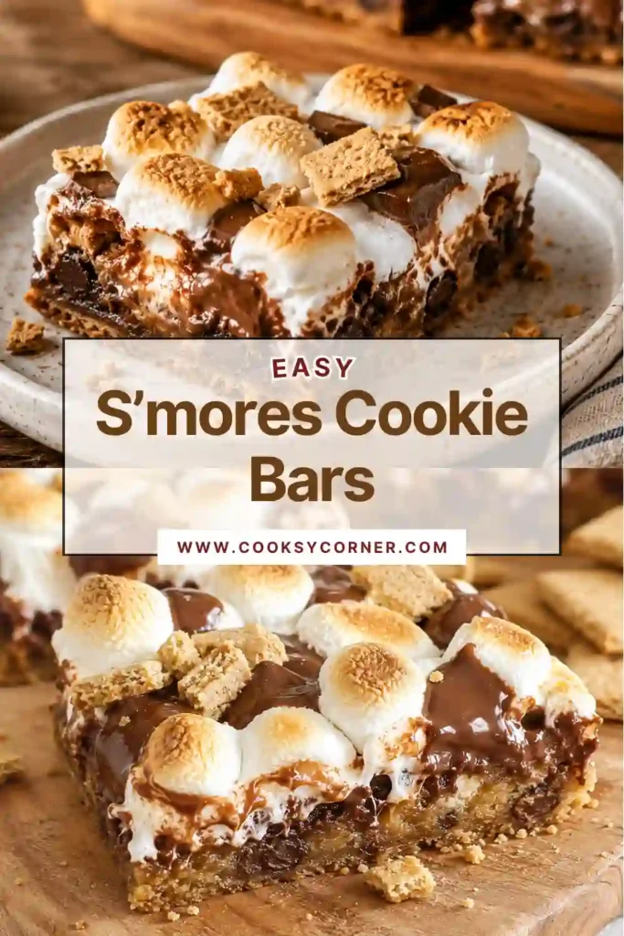 A stack of S’mores Cookie Bars showing layers of marshmallow filling and chocolate chips.