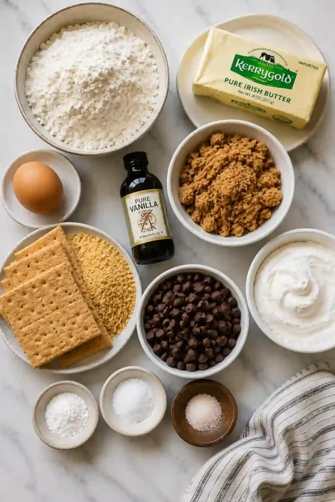 Close-up of chewy S’mores Cookie Bars cut into squares and ready to serve.