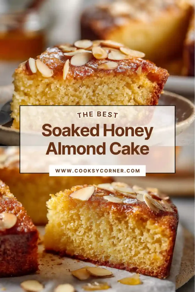 Soaked Honey Almond Cake served with tea and drizzled with extra honey. The cake is golden brown and beautifully baked.