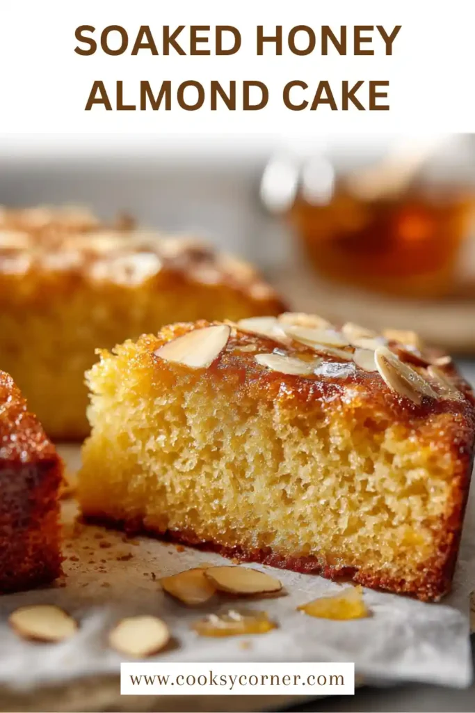 Close-up of Honey Almond Cake showing its moist interior and glossy honey-soaked top. Sliced almonds decorate the surface.
