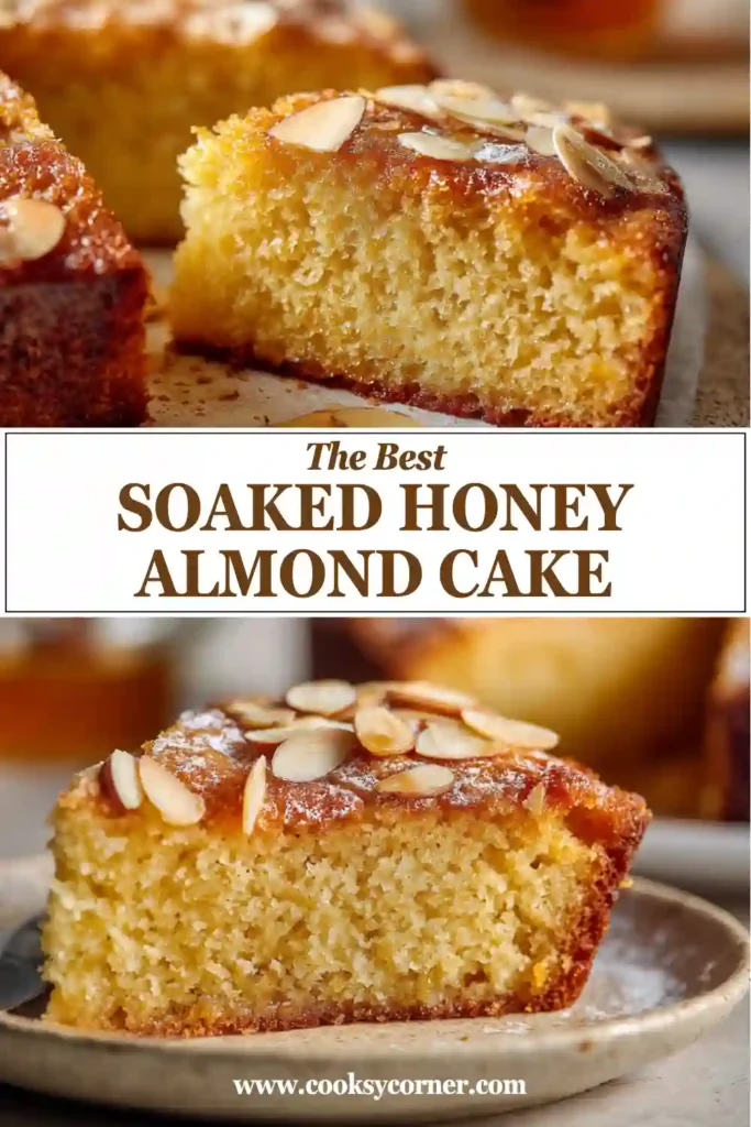 A sliced Soaked Honey Almond Cake topped with toasted sliced almonds and honey glaze on a serving plate. The cake has a moist golden crumb.