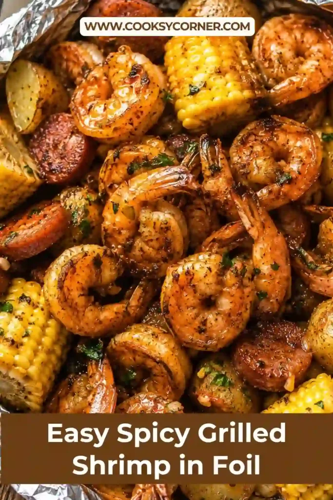Seafood foil packet dinner with grilled shrimp, potatoes, corn, and beef sausage. An easy one-packet meal bursting with smoky and savory flavors.