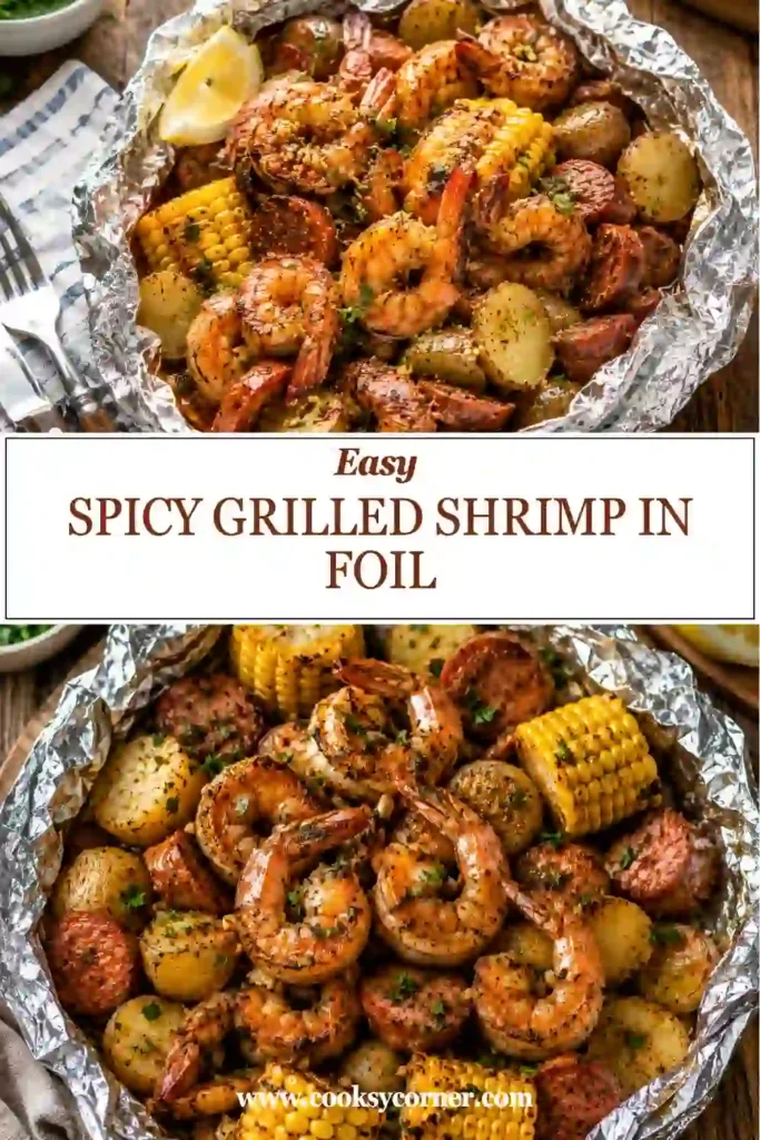 Freshly cooked Spicy Grilled Shrimp in Foil served with lemon wedges and parsley. The shrimp are juicy and coated in a rich buttery seasoning blend.