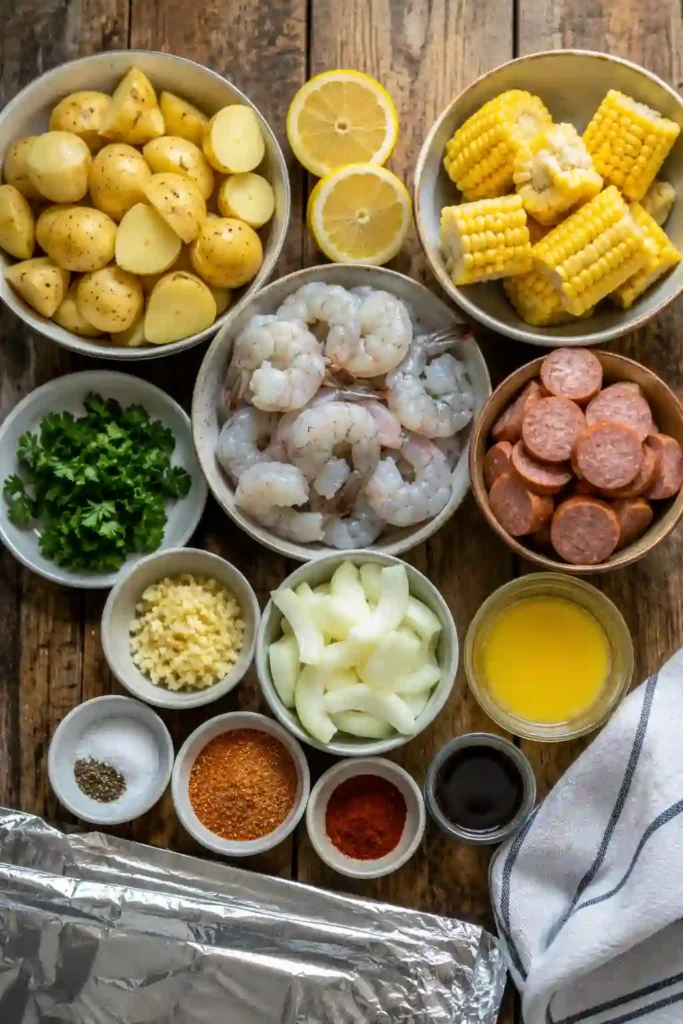 Spicy Grilled Shrimp in Foil Packets filled with shrimp, corn, potatoes, and beef sausage cooked in buttery Old Bay seasoning. Fresh parsley and lemon wedges add vibrant flavor and color.
