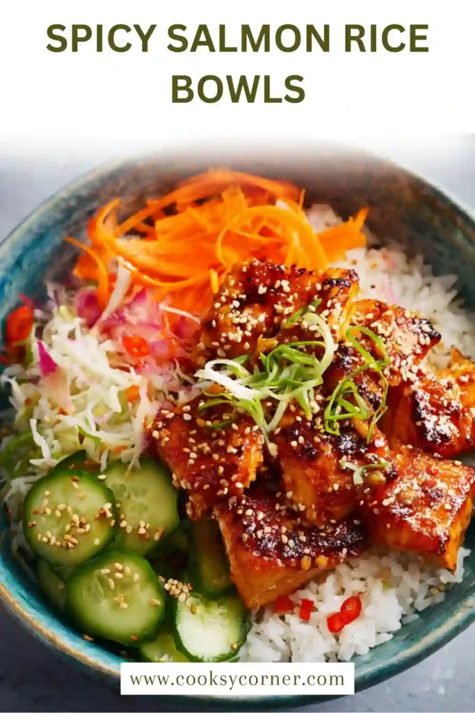 Healthy Korean-inspired salmon rice bowl with kimchi and cucumber.