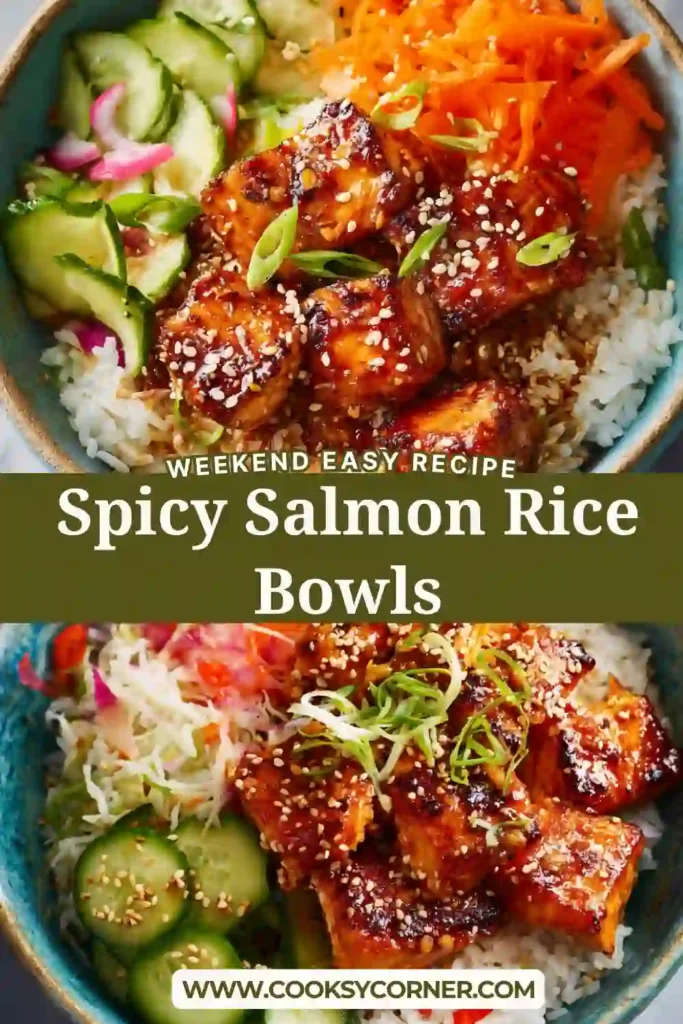 Gochujang salmon served over sticky rice with fresh vegetables.