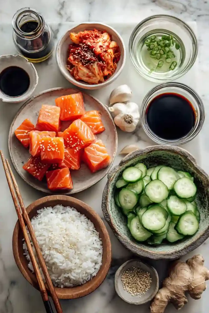 Easy spicy salmon bowl featuring glazed salmon and fluffy rice.
