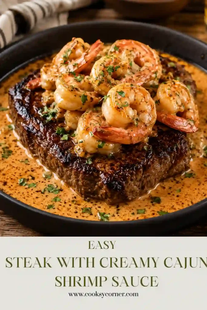 Homemade Steak with Creamy Cajun Shrimp Sauce featuring juicy steak, succulent shrimp, and a silky Cajun cream sauce. A restaurant-quality meal made in one skillet.