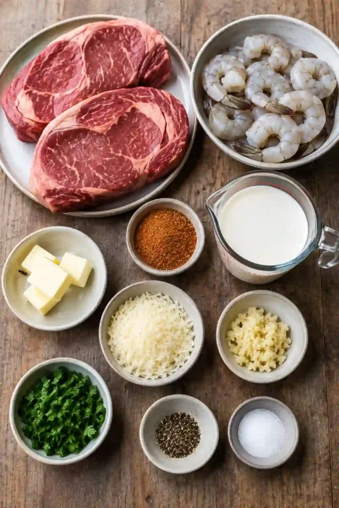 Golden seared steak covered in creamy Cajun shrimp sauce with garlic, Parmesan, and fresh parsley. This easy steak dinner is both elegant and comforting.