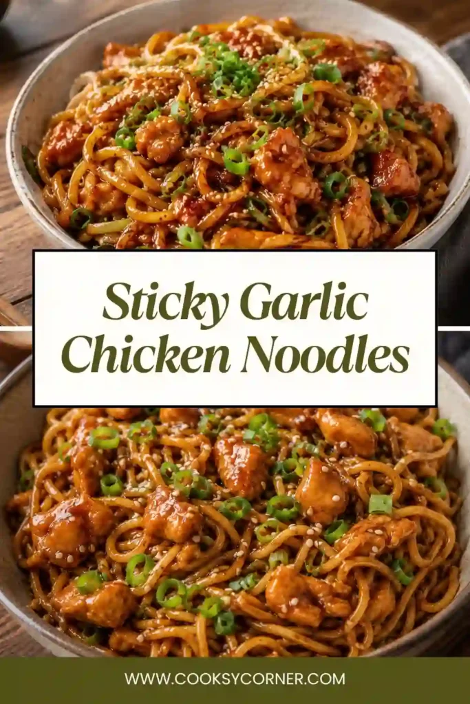 Homemade Sticky Garlic Chicken Noodles served fresh from the skillet with spring onions and sesame seed garnish. The noodles are coated in a glossy sweet savory sauce.