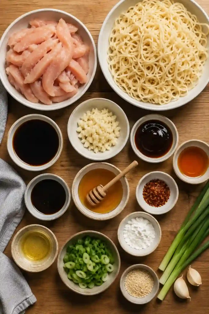 Freshly cooked Sticky Garlic Chicken Noodles served hot with garlic sauce and sesame seeds. Perfect for a quick family dinner.