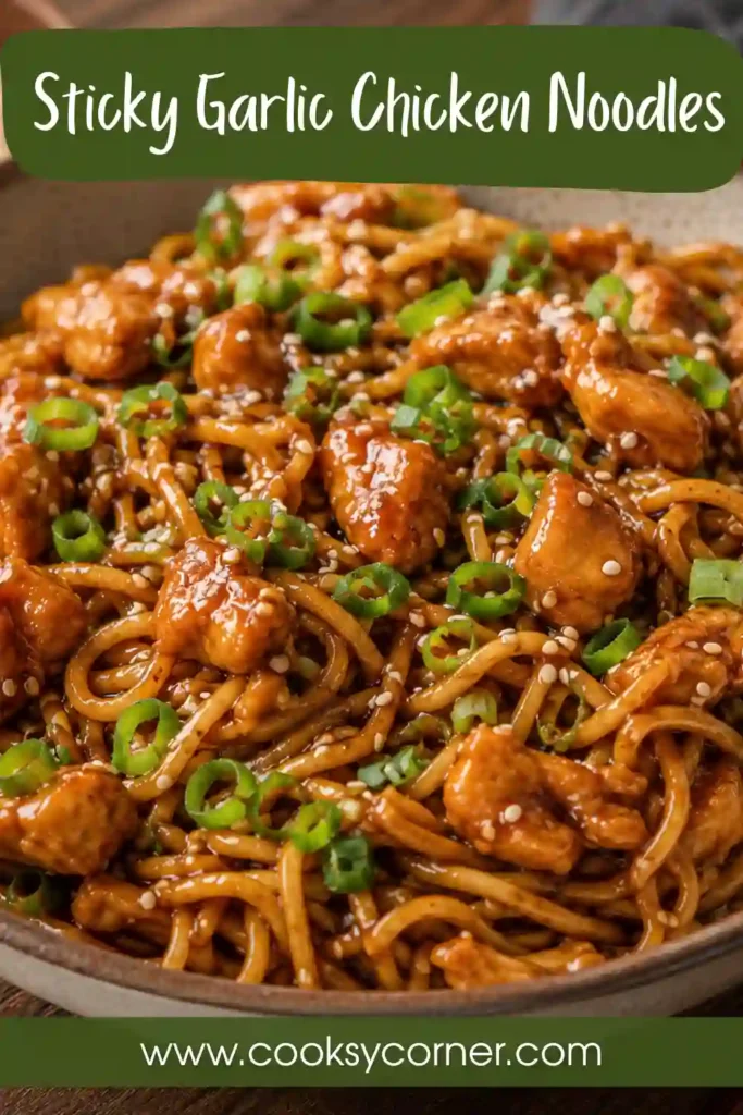 A bowl of Sticky Garlic Chicken Noodles topped with sesame seeds and fresh spring onions. Tender chicken and glossy noodles are coated in a rich garlic sauce.
