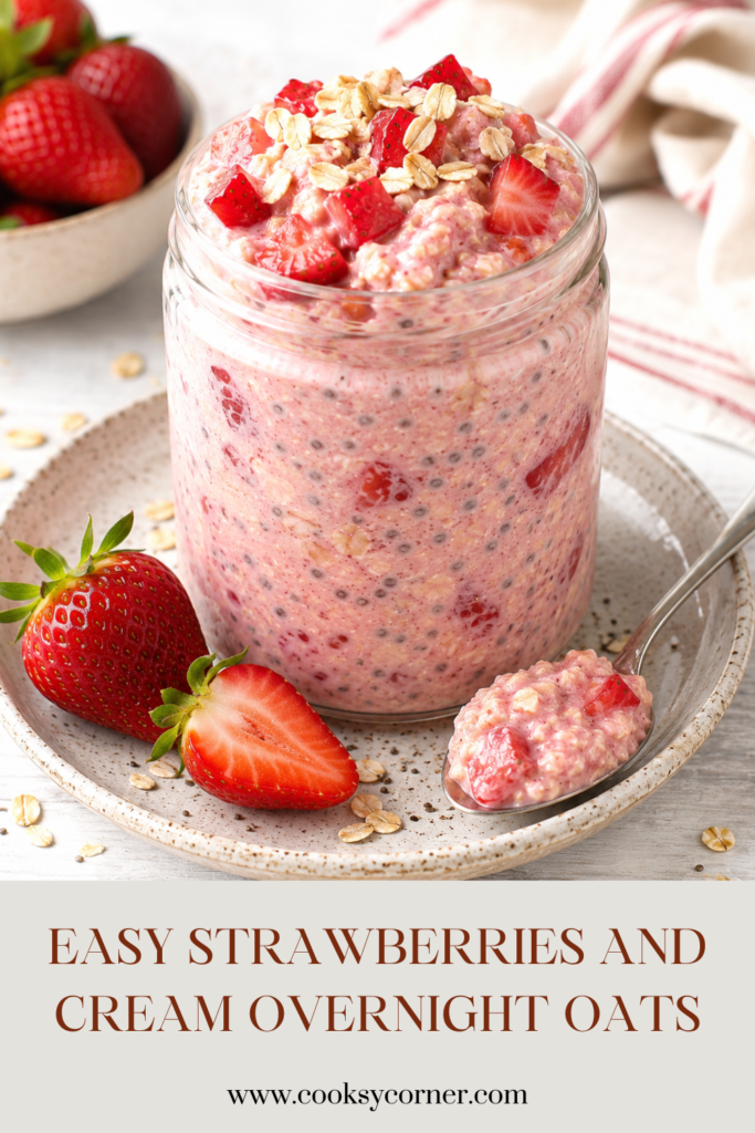 Fresh strawberry overnight oats served in a mason jar with a spoon. The creamy texture and bright strawberries create an appealing and nutritious breakfast option.