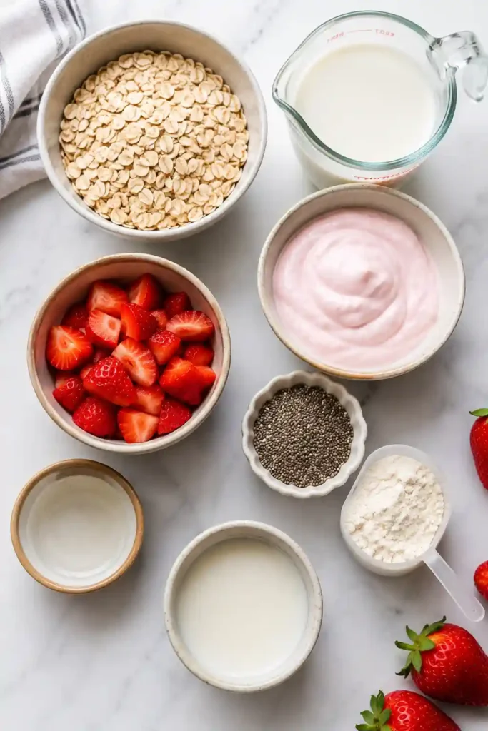 A jar of Strawberries and Cream Overnight Oats topped with fresh diced strawberries. The creamy oat mixture is thick, wholesome, and perfect for a healthy make-ahead breakfast.