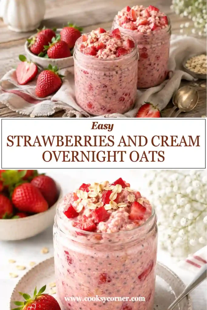 Healthy Strawberries and Cream Overnight Oats made with oats, Greek yogurt, chia seeds, and strawberries. This protein-packed breakfast is chilled overnight for the perfect texture.