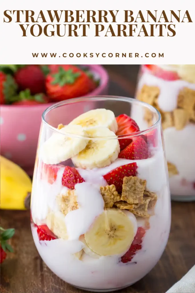 Healthy yogurt parfait made with creamy yogurt, sliced bananas, fresh strawberries, and crunchy granola for breakfast.