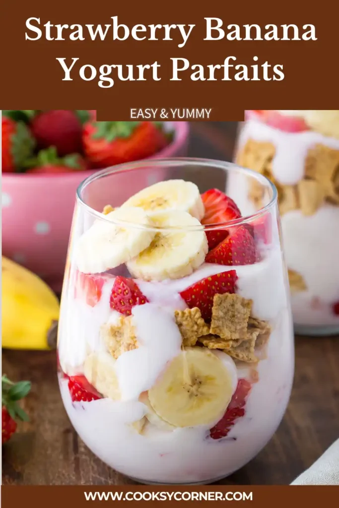 Strawberry Banana Yogurt Parfaits layered with strawberry yogurt, vanilla yogurt, fresh bananas, strawberries, and crunchy granola in clear glasses.