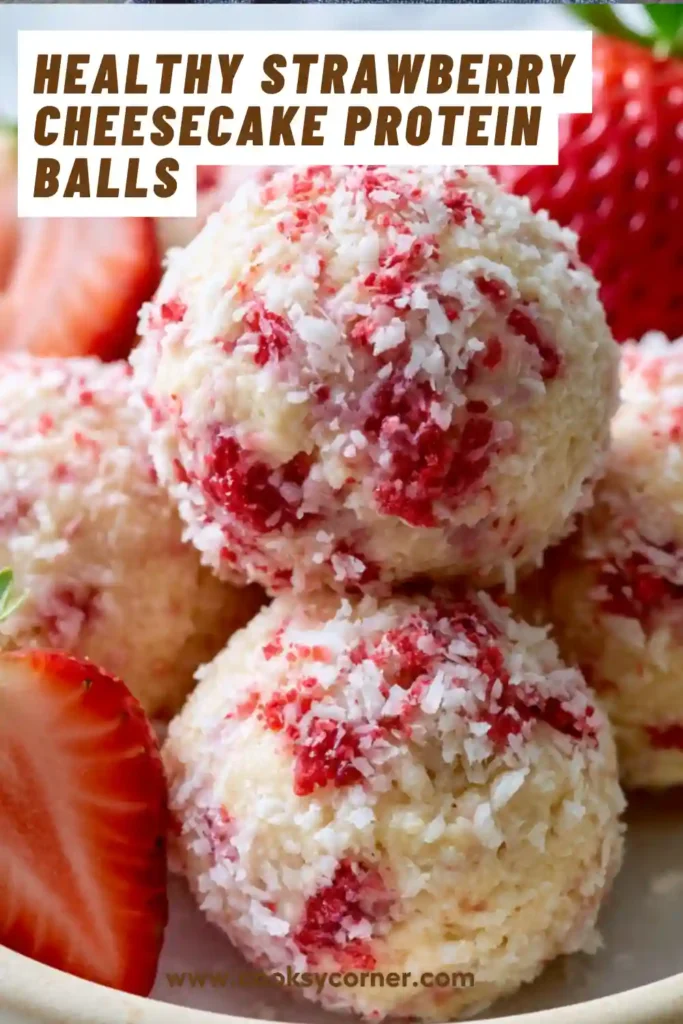 Homemade Strawberry Cheesecake Protein Balls arranged on a serving platter. This healthy protein snack combines cheesecake flavor with sweet strawberries.