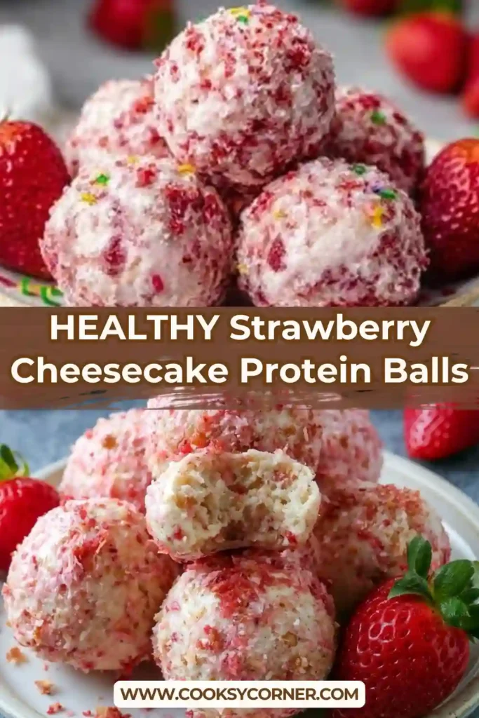 Close-up view of Strawberry Cheesecake Protein Balls made with protein powder and cream cheese. A perfect high-protein dessert for meal prep and snacking.