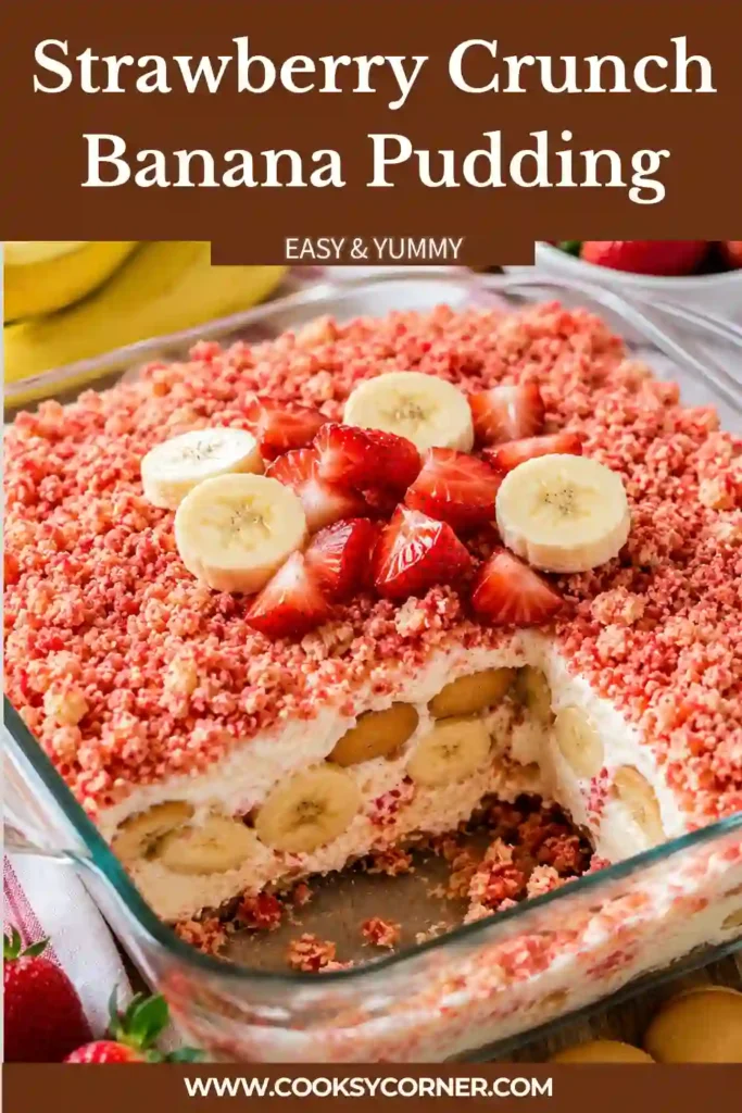 Fresh Strawberry Crunch Banana Pudding served in a glass dessert dish with whipped cream.