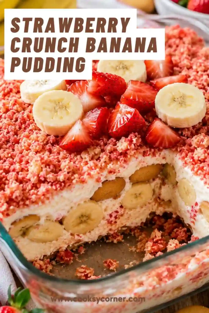 A slice of Strawberry Crunch Banana Pudding served with fresh strawberries and banana slices.