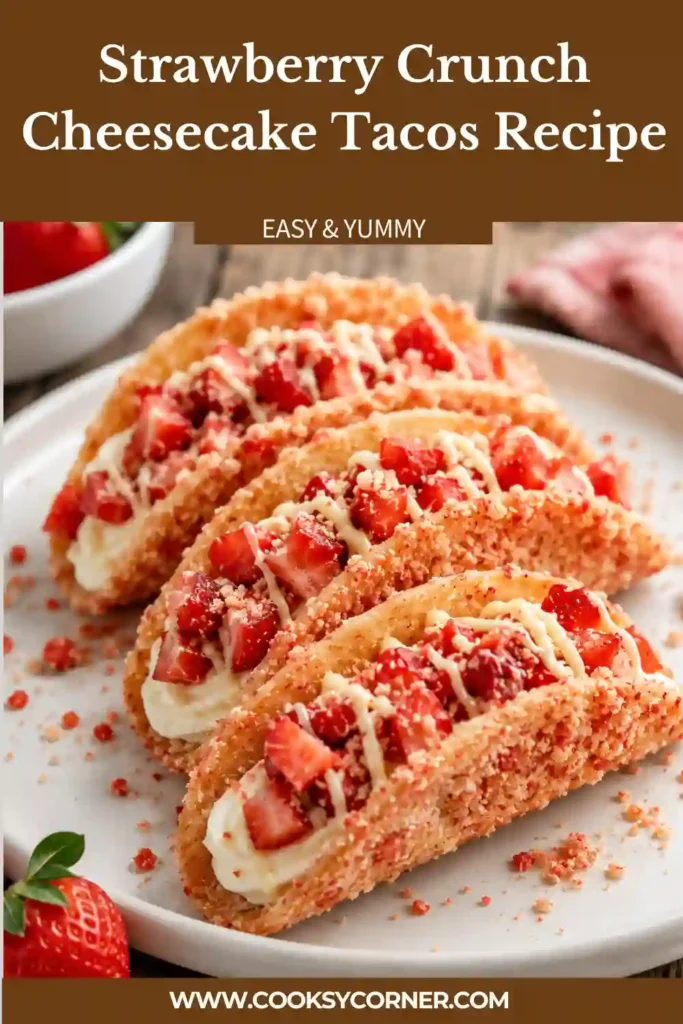 Close-up view of Strawberry Crunch Cheesecake Tacos topped with freeze-dried strawberries and creamy cheesecake filling.