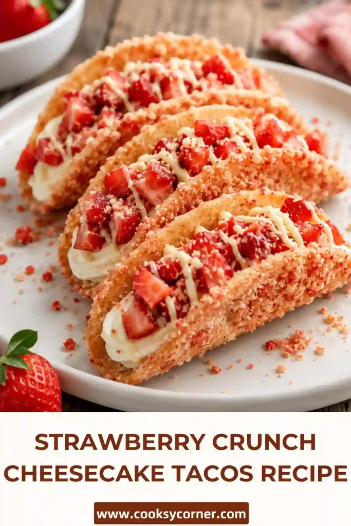 Crispy dessert taco shells stuffed with cheesecake cream and coated in strawberry crunch topping. The tacos are garnished with fresh berries and white chocolate drizzle.