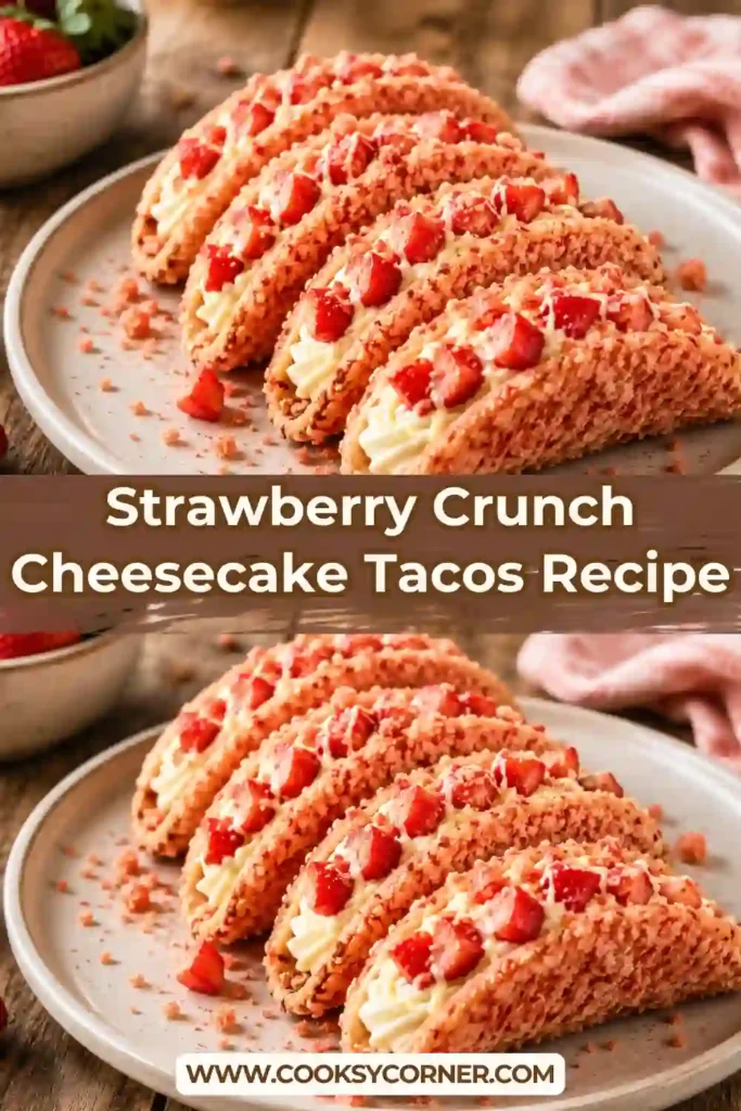 Strawberry Crunch Cheesecake Tacos filled with creamy cheesecake filling and topped with Golden Oreo strawberry crumble. Fresh strawberry slices add color and sweetness.